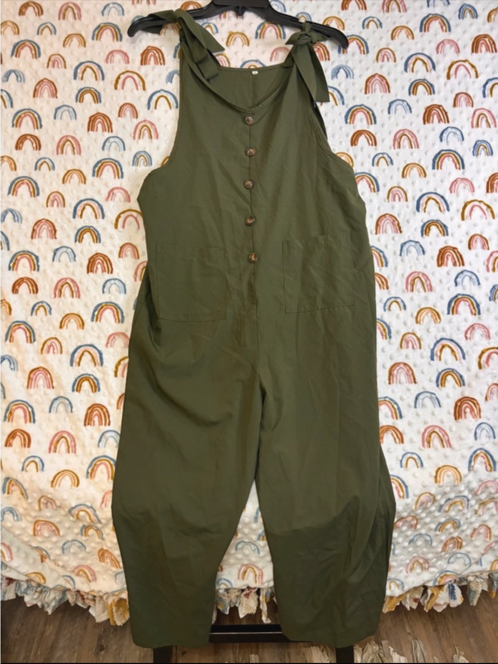 SHEIN Olive Green Tie-Shoulder Button-Front Jumpsuit